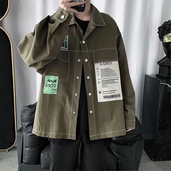 

ins long sleeve big size loose net red very fairy men's personality paste cloth korean fashion inch shirt, Black;brown