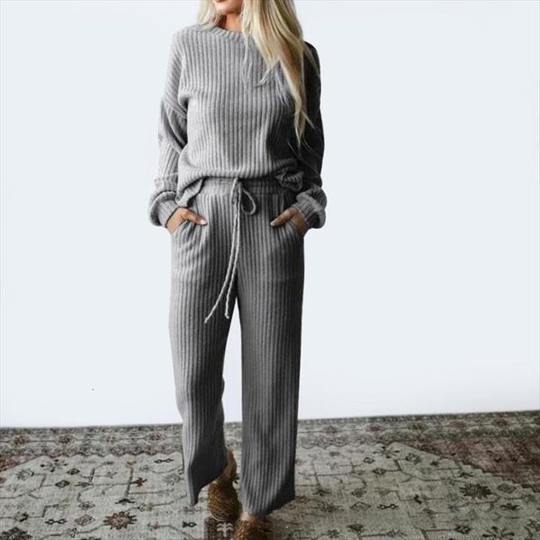 

autumn spring knitted two piece womens pants sweatershirt set wide leg suit loose solid casual 2 tracksuit, White