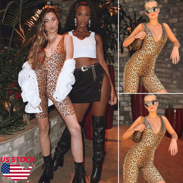 

fashion ladies women casual sleeveless leopard print v neck bodycon skinny club party beach fitness gym playsuits leotard, Black