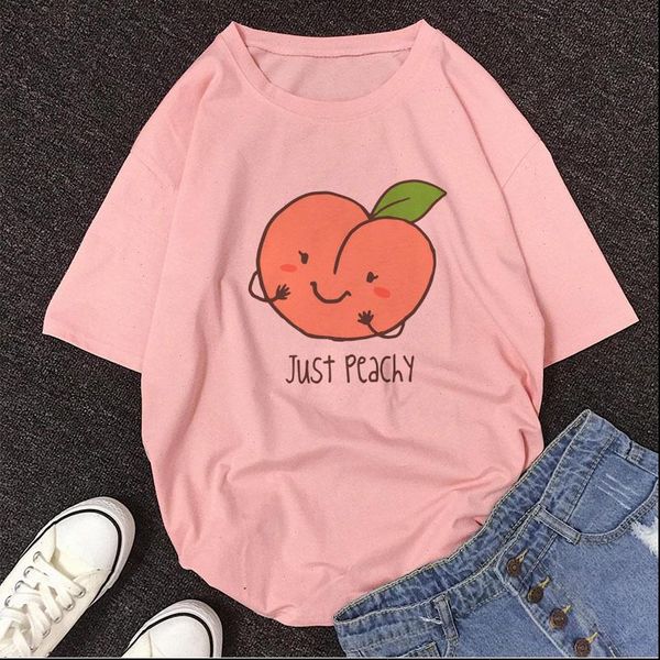 

lovely cartoon peach juice japanses style t shirt women harajuku pink summer casual cotton outfit fashion short sleeve, White