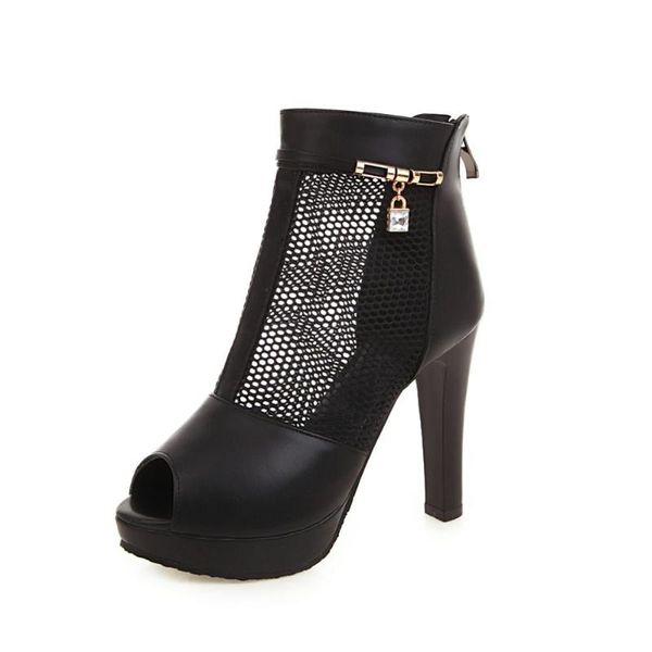 

dress shoes women mesh thin high heels ankle boots ladies diamond drop peep toe hollow out punk gothic for, Black