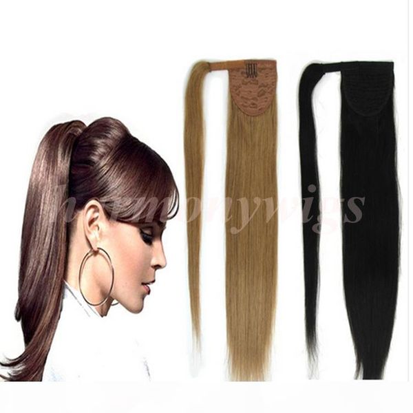 

100% human hair ponytail 20 22inch 100g #2 darkest brown double drawn brazilian malaysian indian hair extensions more colors, Black