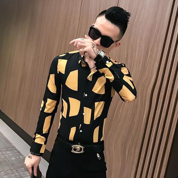 

men's casual shirts chemise homme brand men long sleeve personality print slim fit dress shirt night club social tuxedo male, White;black