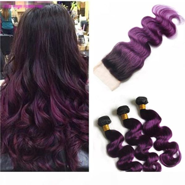 

dark root purple ombre indian virgin human hair weave extensions with closure body wave #1b purple ombre lace front closure 4x4 with bundles, Black