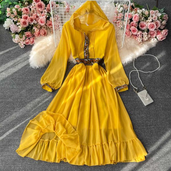 Bohemian Gelb/Weiß Gesticktes Kleid Frauen Frühling Herbst Langarm Mit Kapuze Kragen Chiffon Vestidos Weibliche Strand Party Robe Y0603