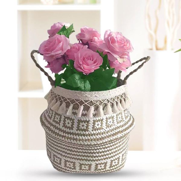 

storage baskets macrame woven seagrass belly basket bohemia decoration double layer white tassel laundry picnic plant basin cover 2021
