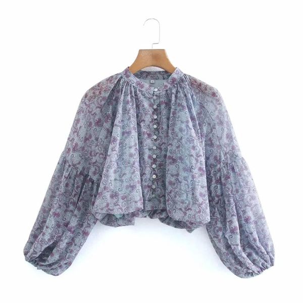 

autumn women vintage printing chiffon short shirts female lantern sleeve blouses casual lady loose blusas s8209, White