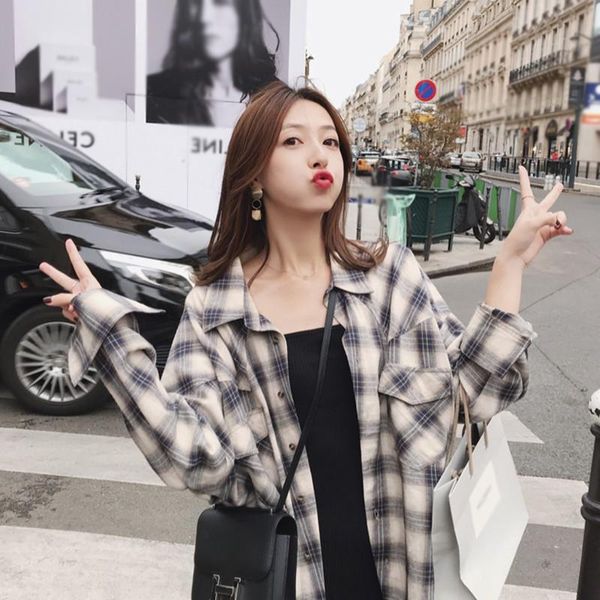 

women's blouses & shirts knitted blouse women long shirt autumn casual sleeve plaid packets female blusas, White