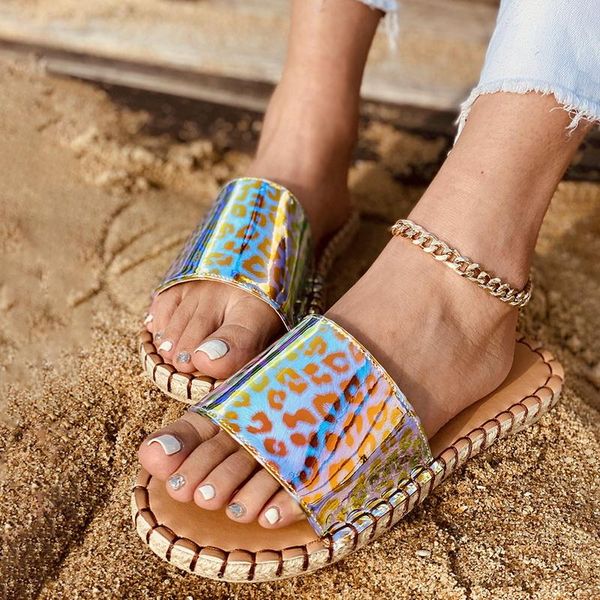 

slippers bling women open toe flats shoes transparent sandals woman slides rhinestones leopard slip-on ladies, Black