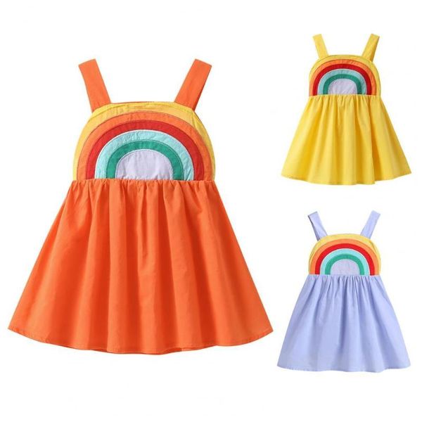 

girl's dresses kids cute rainbow print casual dress girls comfortable pure cotton sleeveless for summer daily children clothes gifts, Red;yellow
