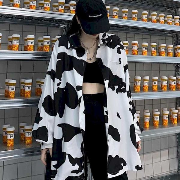 

2021 autumn new coat korean version ins harajuku dark cow print casual wild loose shirt long hip-hop style lapel 5t0z, White