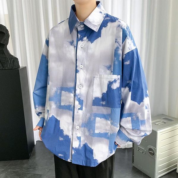 

men's casual shirts spring cloud shirt fashion printed men streetwear korean loose long sleeve mens dress -5xl, White;black