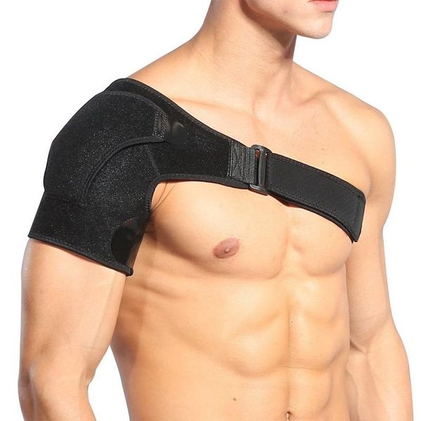 

adjustable sports care single shoulder support back brace guard strap wrap breathable shoulder bandage gym belt band pads, Black;blue