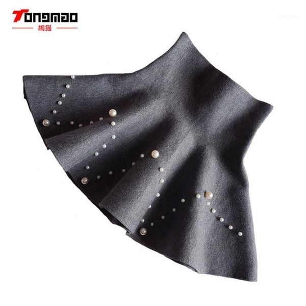 

skirts children's skirt autumn and winter solid color beaded knit girl wild a word half-length pleated princess1, Blue