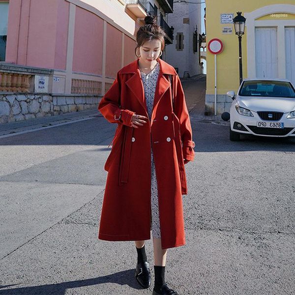 

women's trench coats slim solid women coat long double-breasted belt lady clothes autumn spring outerwear oversize quality m1451, Tan;black