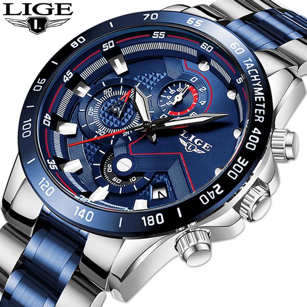 

relogio masculino lige fashion mens watches brand luxury wrist watch quartz clock blue watch men waterproof chronographg, Slivery;brown