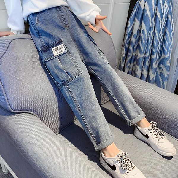 

jeans for girls denim cargo pants spring autumn fashion elastic high waisted trousers with pockets kids school clothes 4-14years, Blue