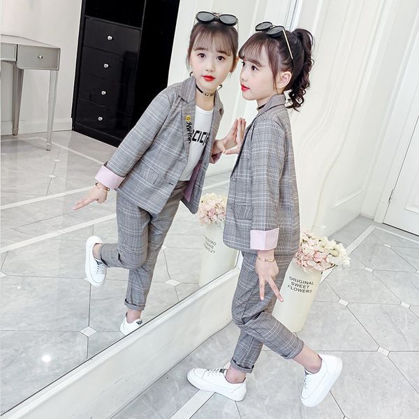 

2021 new spring arrival fall two pieces plaid jacket pants suit for baby girl clothes children casual blazer set 93ia, White