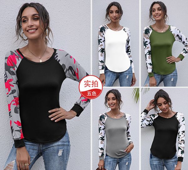 

2021 new autumn spring long sleeve t shirt women patchwork print tees camouflage t-shirt harajuku shirts woman tee vintage 5xl 0qfl, White