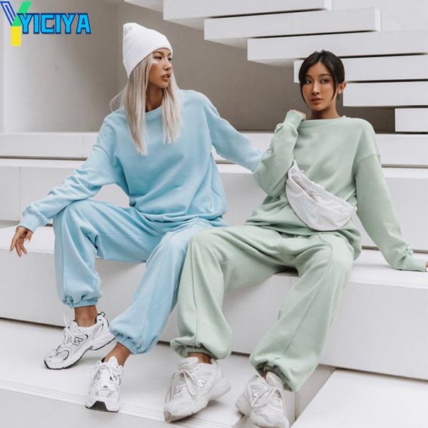 

women's two piece pants yiciya 2021 autumn and winter loose sports casual sweater set two-piece tracksuit women crop suit female y2k me, White