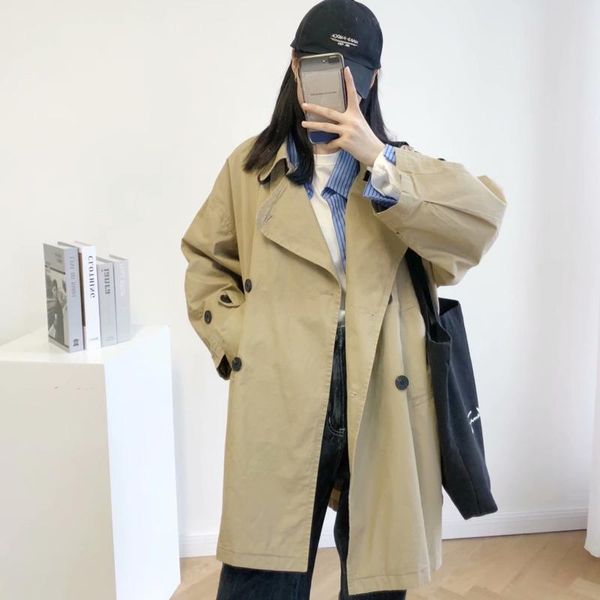 

women's trench coats europe 2021 autumn loose washed coat mid-length nine-quarter sleeve khaki windbreaker for women fos6, Tan;black