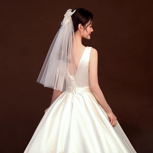 

bridal veils e jue shung pearls short bow wedding with comb cute veil accessories, Black
