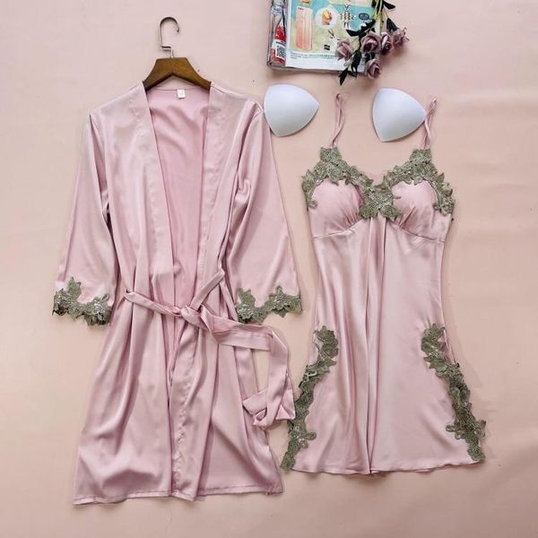 

women's sleepwear bride bridesmaid wedding gown kimono women robe satin 2 piece sleep set lace nightwear with pads nightdress, Black;red