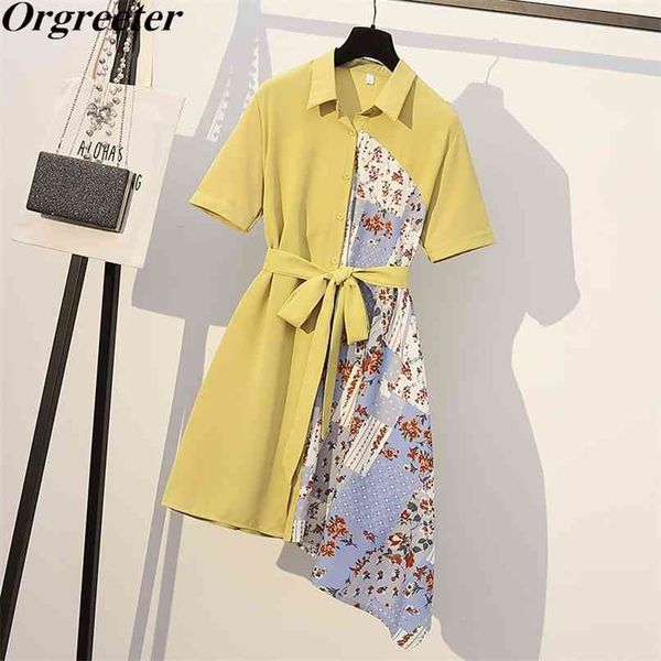 

plus size floral printted patchwork chiffon shirt dress women summer lapel short sleeve sashes bow irregular 210602, White