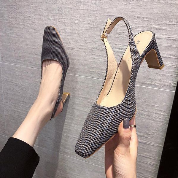 

sandals spring shoes square toe luxury 2021 women's med buckle strap high heels fashion comfort medium high-heeled clear gir, Black