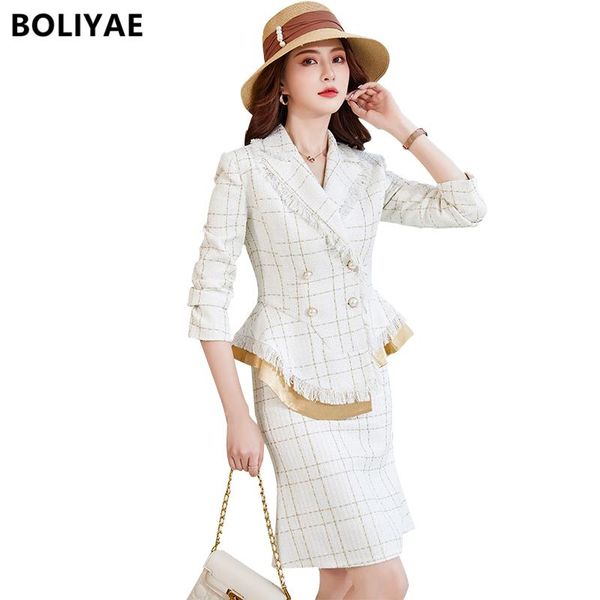 

two piece dress boliyae suits with skirt women spring and autumn fashion plaid blazer double breasted casual long sleeve jacket female, White