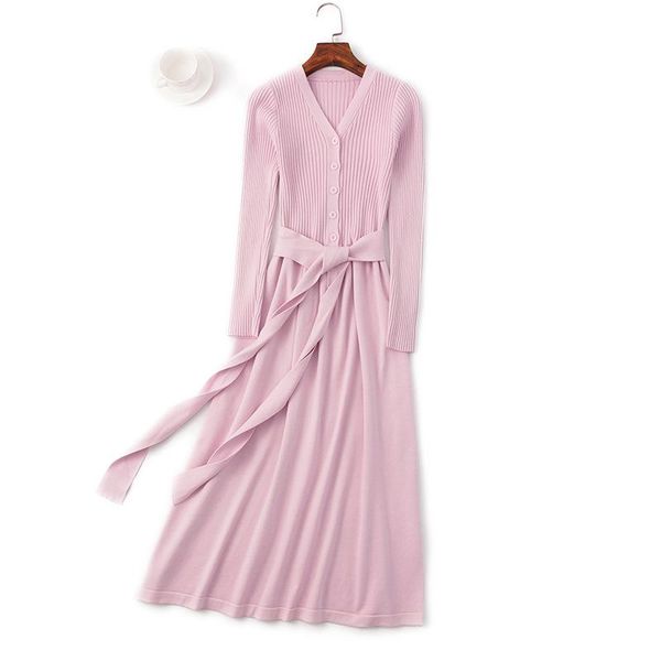 

casual dresses lamtrip korean women elegant lady v-neck knitted belt long sleeve basic dress mori girl 2021 spring, Black;gray