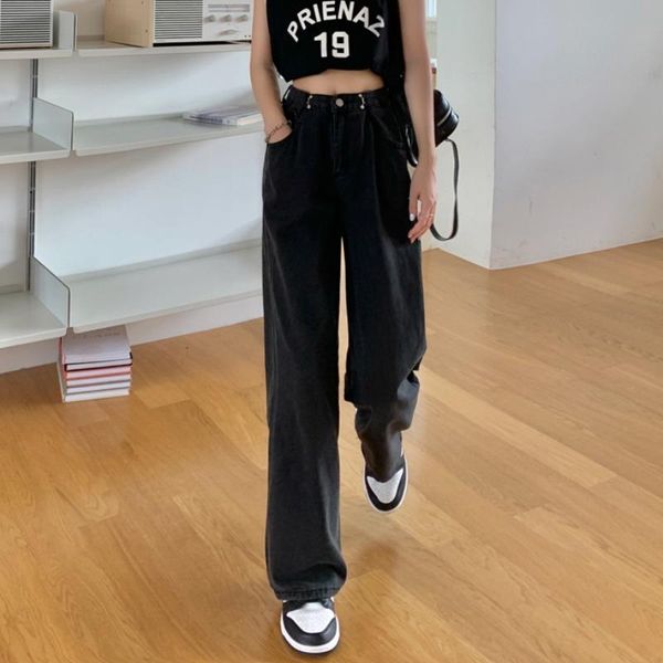 

women's jeans woman high waist bottom clothes wide leg denim clothing black streetwear vintage quality 2021 fashion the pants, Blue