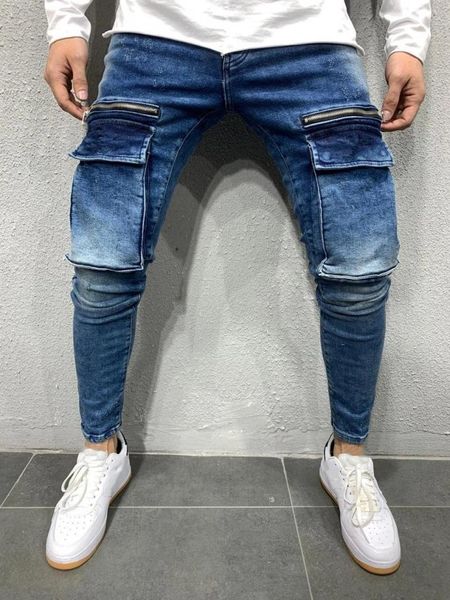 

jeans men elastic waist skinny jeans men 2021 stretch ripped pants streetwear mens denim blue big pocket