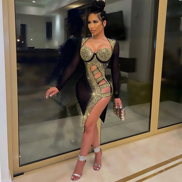 

casual dresses diamonds hollow out sheer mesh club party dress women black strapless long sleeve midi vestidos female elegant outfit s-, Black;gray