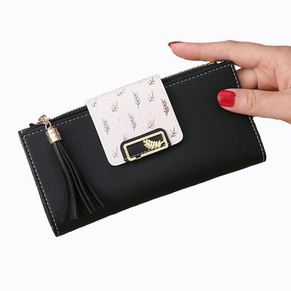

wallets 2021 leaves long wallet tassel zipper walet for women fashion purse big capacity phone money bag card holder portfel damski, Red;black