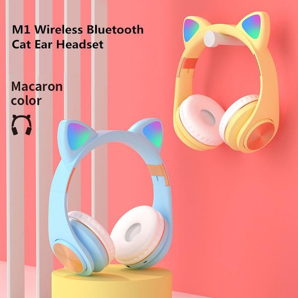 

new m1 macaron color wireless bluetooth cat ear headphones with mic luminescent stereo music game headphones gift for girls