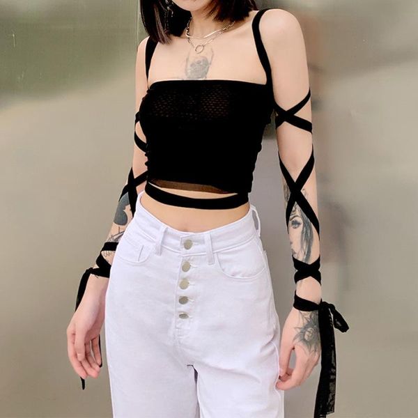 

women's t-shirt tube bandage mesh fashion for women summer backless sleeveless bodycon crop 2021, White