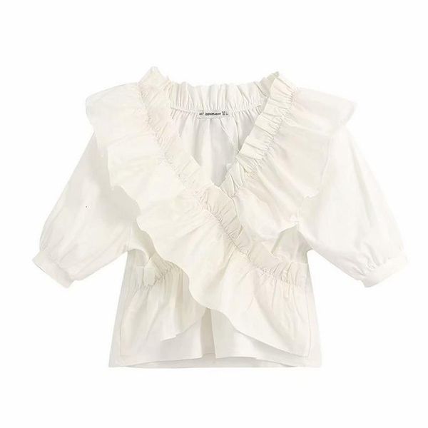 

women vintage v neck cross cascading ruffles solid blouse office lady lantern sleeve chic shirt brand feminina blusas ls6407, White