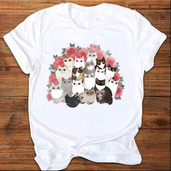 

women graphic cat cartoon flower floral elegant 90s ladies printing print clothes lady tees female t shirt womens t shirt, White
