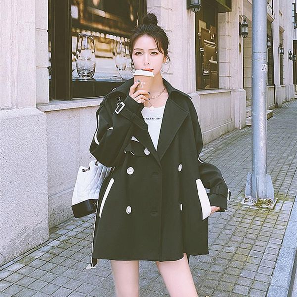 

women's trench coats autumn women black windbreaker jacket female short spring double-breasted high street loose contrast color caual c, Tan;black