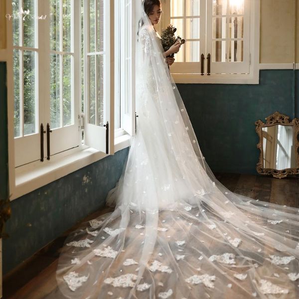 

bridal veils lzp538 elegant lace one layer cathedral wedding veil 4 meters long soft tulle, Black