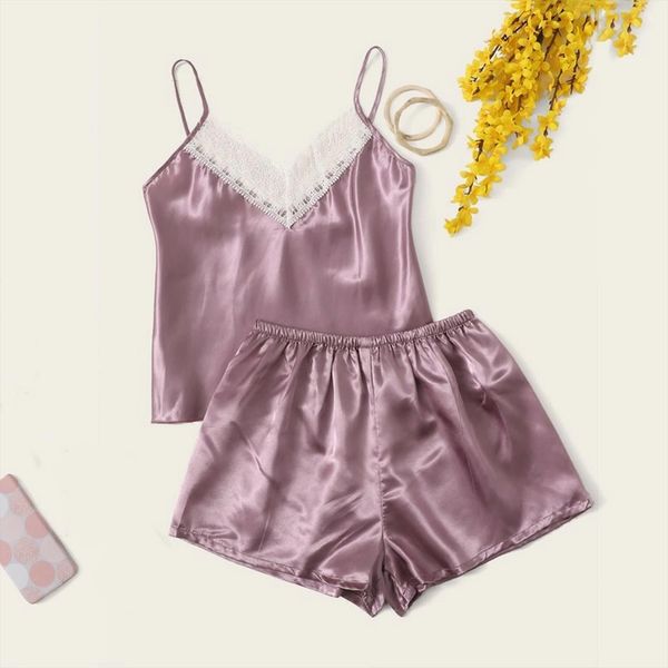 

satin silk solid pajamas womens sleepwears lace lingerie cami shorts set nightwear casual 2pcs mujer pijama a, Black;red