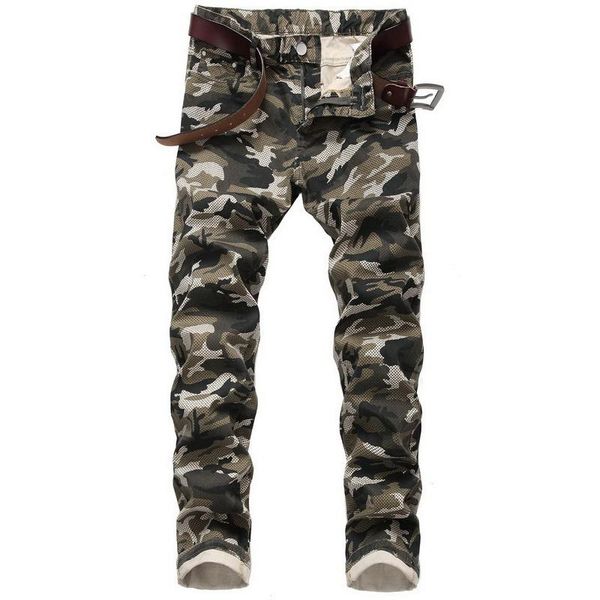 

new american streetwear fashion men jeans camouflage big pocket denim cargo pants slim fit hip hop ripped punk trousers, Blue
