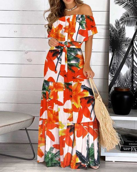 Sexy Off Floor Floral Print Rootchs Maxi платье элегантные женщины прямые шеи вечеринки платья для 2021 летние обертки длинное платье 2XL X0705
