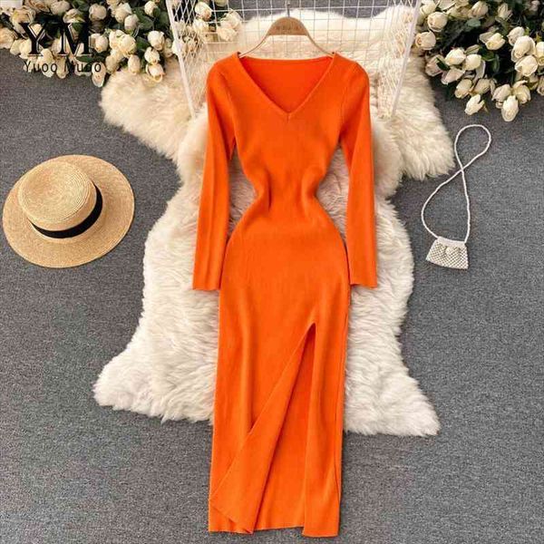 

yuoomuoo french long high womens dresses split knit full sleeve autumn winter solid sweater bodycon vestidos, Black;gray
