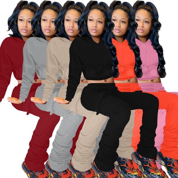 

women's two piece pants thickened side pocket casual solid color pink elastic waist stacked leggings set, White