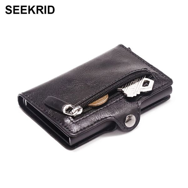 

men's aluminum credit card holder rfid blocking metal hasp cardholder male slim smart wallet leather case coin pocket purse f228e, Red;black