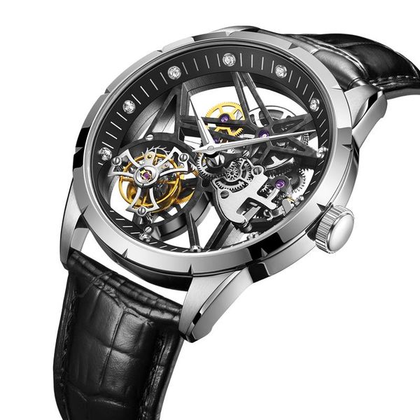 

wristwatches retro genuine 100% tourbillon men watch automatic mechanical hollow classic business gift man watches, Slivery;brown