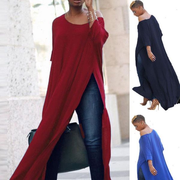 

fashion brand ladies women off shoulder long sleeve casual blouse high split tunic shirts clothes long clothing, White