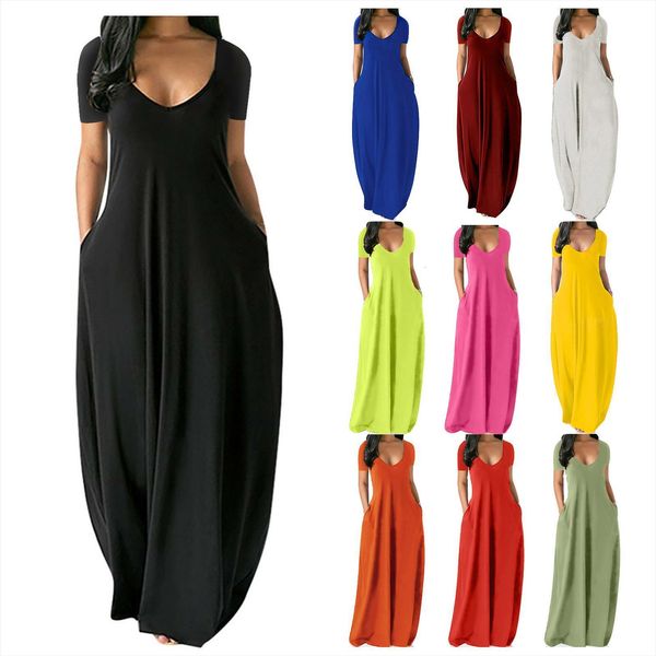 

maxi summer fashion solid womens dresses v neck short sleeve long vestidos female casual pockets robe plus size, Black;gray